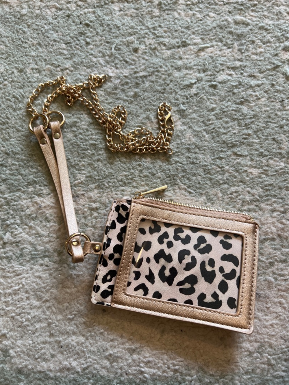 Gold-Trim Leopard Print Card Wallet with Chain Strap